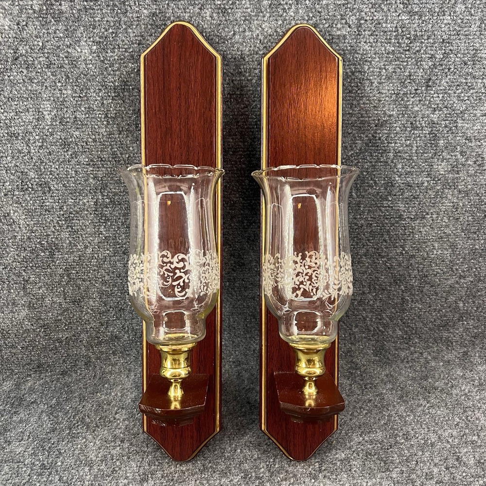 Set of 2 Home Interiors Hoco 17" Wood Wall Sconces W/Glass Votive Cups VTG